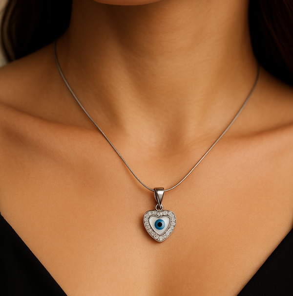 Evil Eye Heart Pendant with Snake Chain