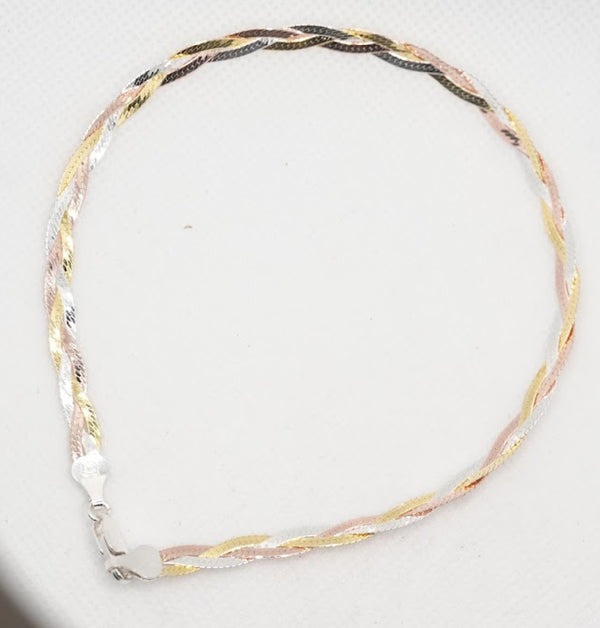 Italian Three-Tone Silver Anklet – Braided Elegance