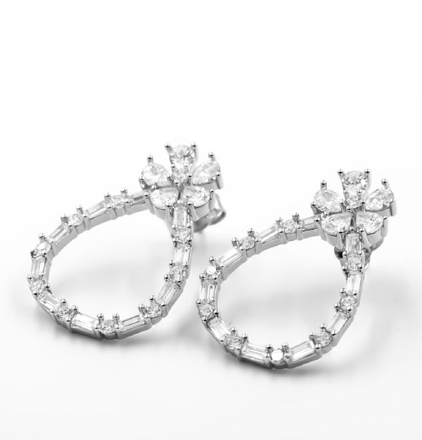 Floral Top Baguette Zirconia Drop Earrings