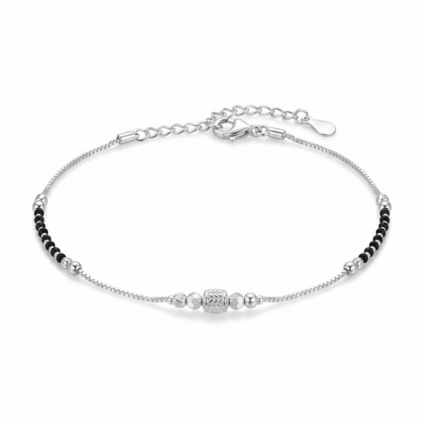 Silver & Black Beaded Chain Anklet