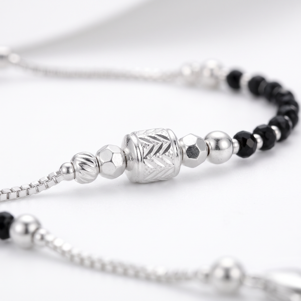 Silver & Black Beaded Chain Anklet
