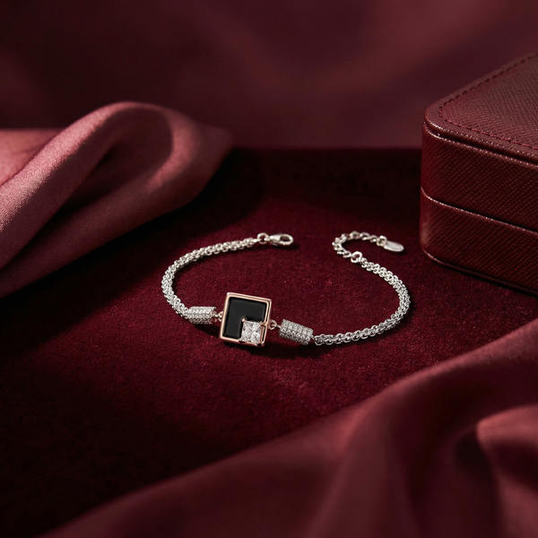 Silver Dual-Tone Square Charm Bracelet – Modern Elegance
