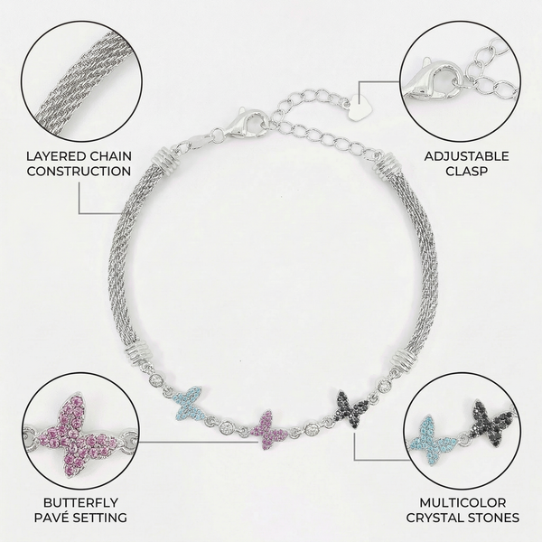 Silver Mesh Bracelet with Multicolor Butterfly Charms