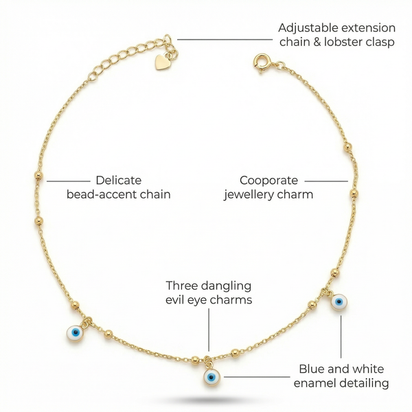 Evil Eye Charm Anklet in 925 Sterling Silver