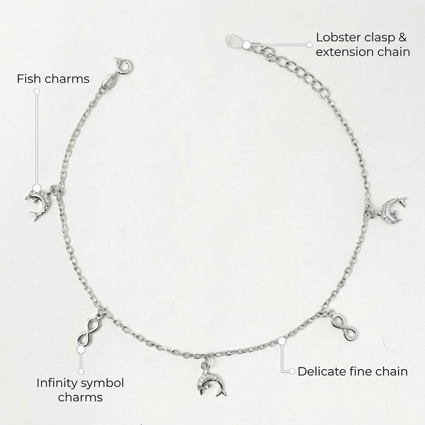 Dolphin & Infinity Charm Anklet in 925 Sterling Silver