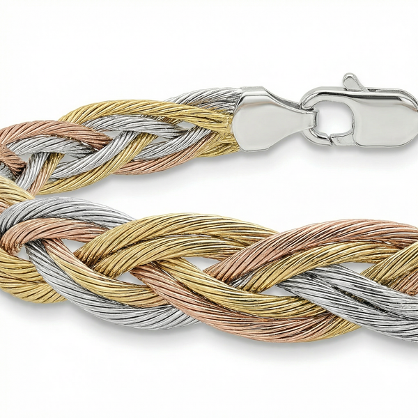 Italian Three-Tone Silver Anklet – Braided Elegance