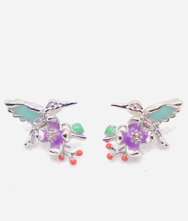 Enamel Hummingbird & Flower Stud