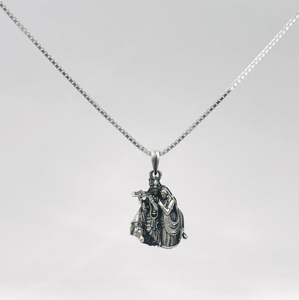Radha Krishna Pendant with Box Chain – 925 Sterling Silver