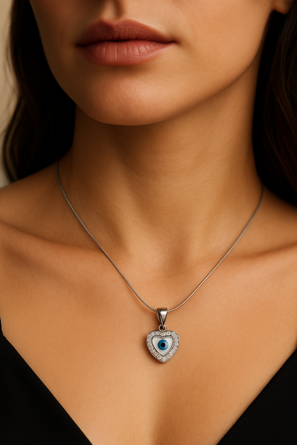 Evil Eye Heart Pendant with Snake Chain