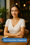 Smiling woman in casual chic white top, wearing minimalist Pahel silver necklace and earrings – banner for daily wear silver jewellery.