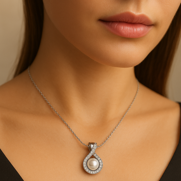 Eternal Grace Necklace – 925 Sterling Silver Pearl Drop with Sparkling Halo