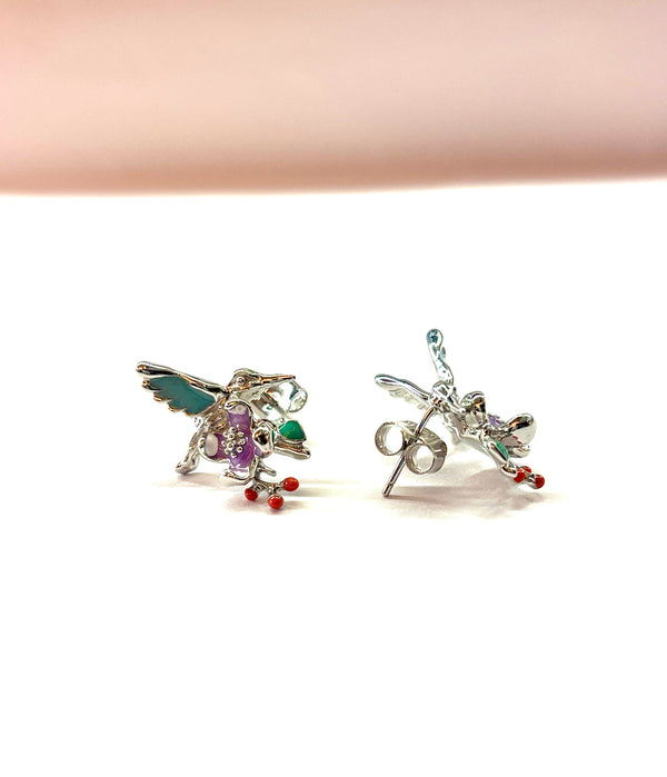 Enamel Hummingbird & Flower Stud