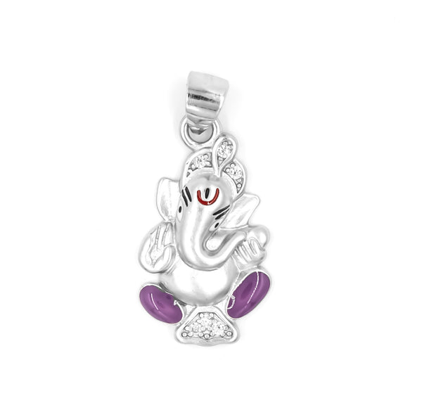 925 Sterling Silver Lord Ganesha Pendant with Purple Accents