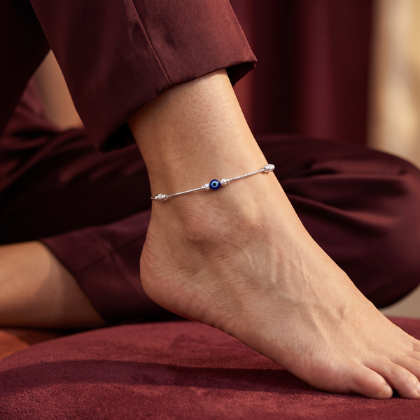 Blue Evil Eye Silver Beaded Anklet