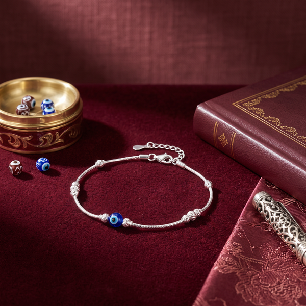 Blue Evil Eye Silver Beaded Anklet