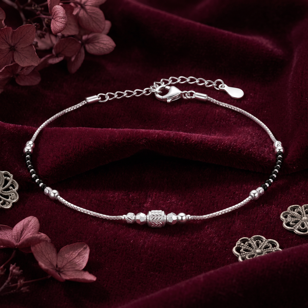 Silver & Black Beaded Chain Anklet