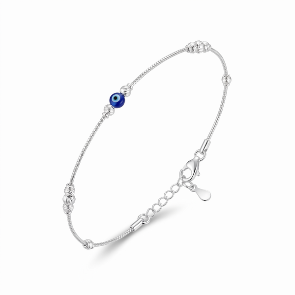 Blue Evil Eye Silver Beaded Anklet
