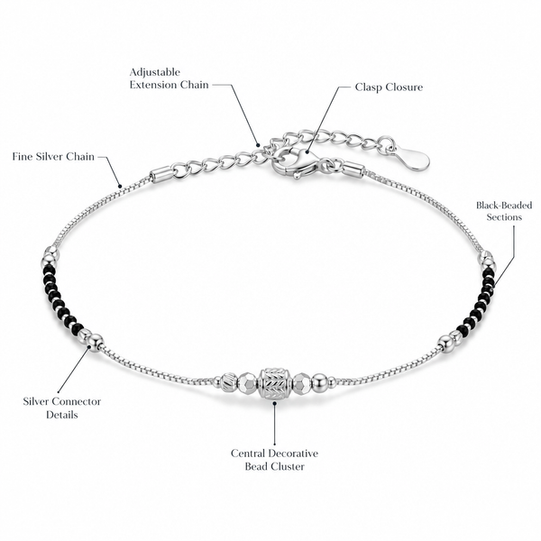 Silver & Black Beaded Chain Anklet