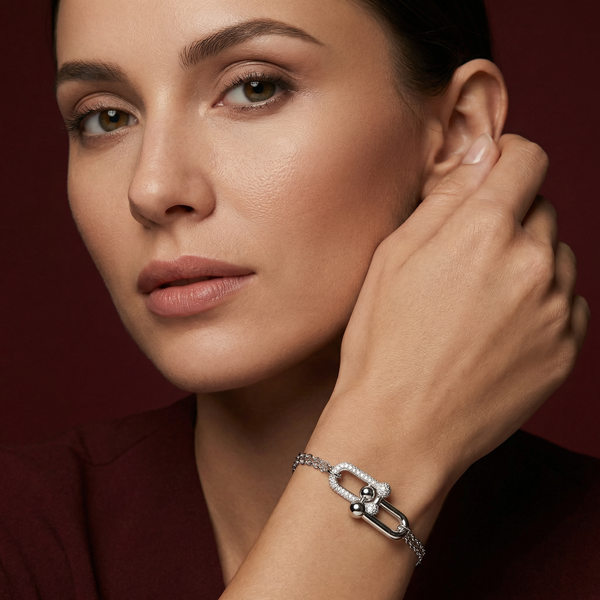 Silver Dual-Link Zirconia Bracelet – Modern Strength & Sparkle