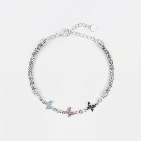 Silver Mesh Bracelet with Multicolor Butterfly Charms