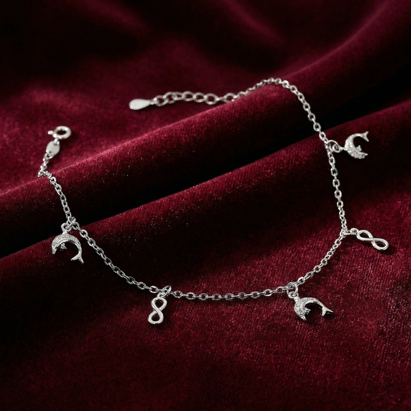Dolphin & Infinity Charm Anklet in 925 Sterling Silver
