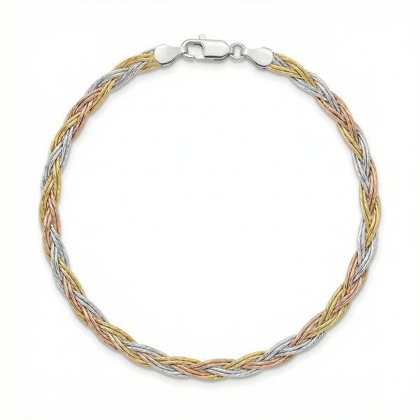 Italian Three-Tone Silver Anklet – Braided Elegance