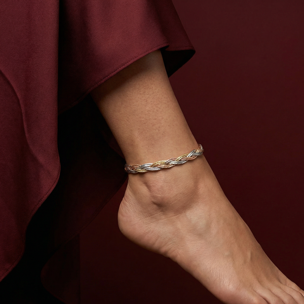 Italian Three-Tone Silver Anklet – Braided Elegance
